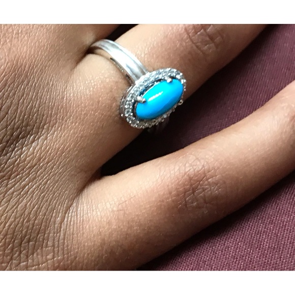 Sterling Silver Oval Turquoise CZ Ring Size 6 - Picture 6 of 14